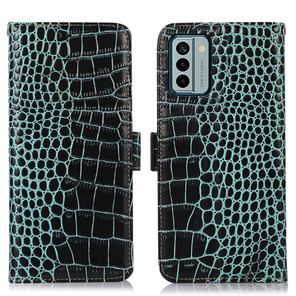 For Nokia G22 RFID Blocking Wallet Phone Case Crocodile Texture Genuine Cow Leather Stand Cover