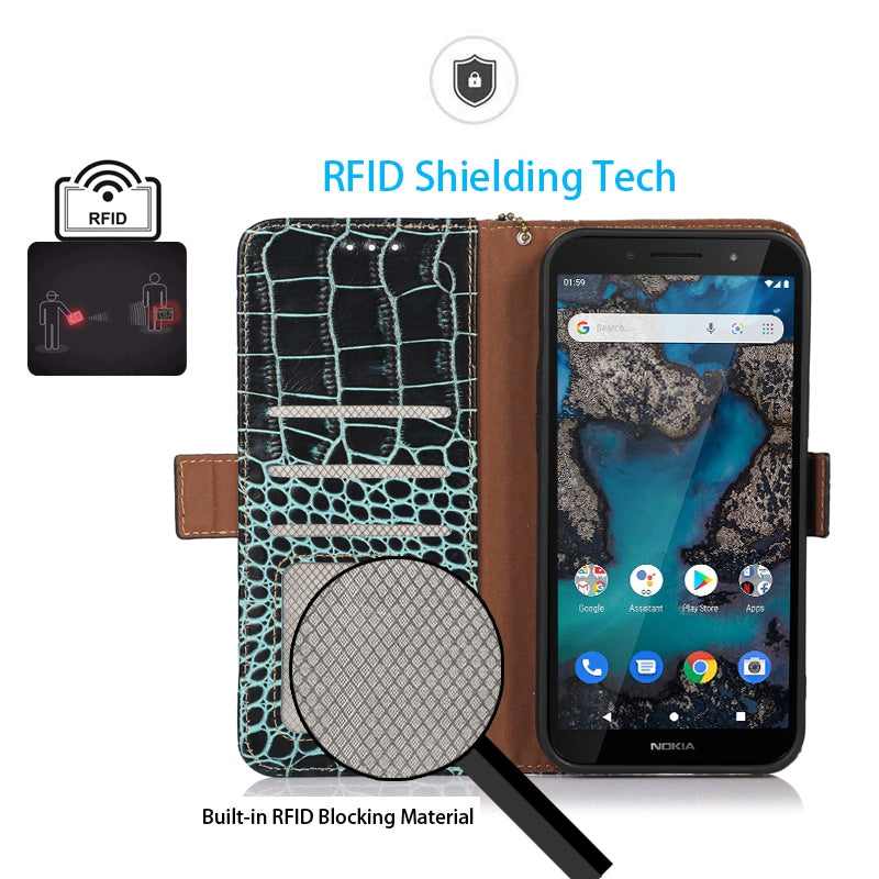 For Nokia G22 RFID Blocking Wallet Phone Case Crocodile Texture Genuine Cow Leather Stand Cover