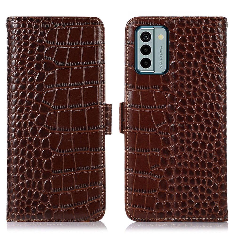 For Nokia G22 RFID Blocking Wallet Phone Case Crocodile Texture Genuine Cow Leather Stand Cover