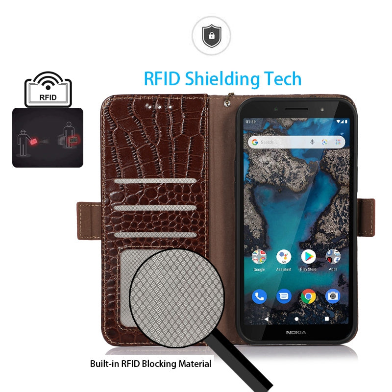 For Nokia G22 RFID Blocking Wallet Phone Case Crocodile Texture Genuine Cow Leather Stand Cover