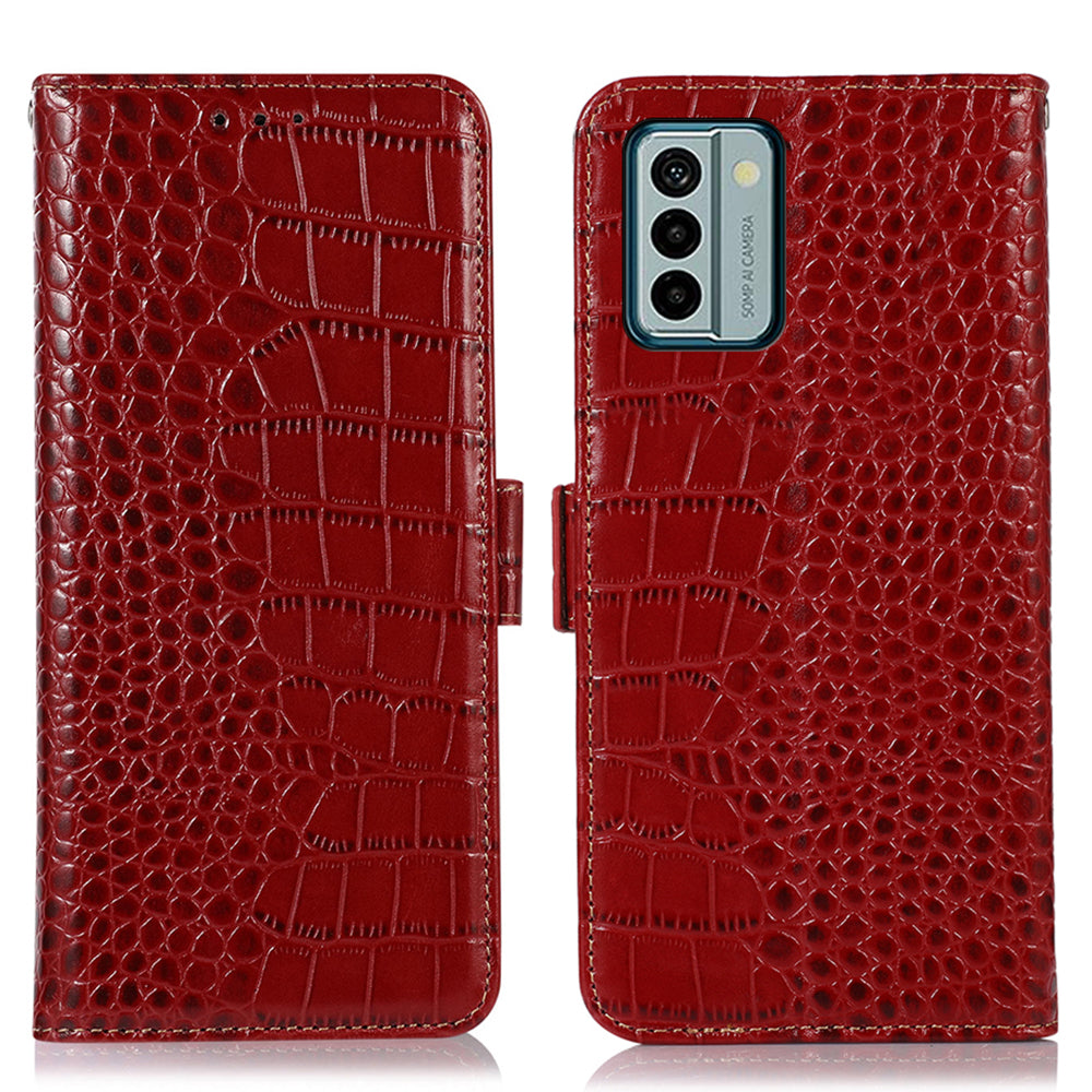 For Nokia G22 RFID Blocking Wallet Phone Case Crocodile Texture Genuine Cow Leather Stand Cover