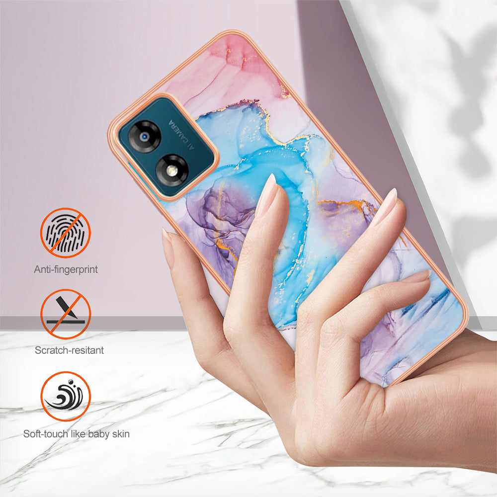 YB IMD Series-1 for Motorola Moto E13 4G Electroplating Phone Case Marble Floral Pattern TPU IMD Cover