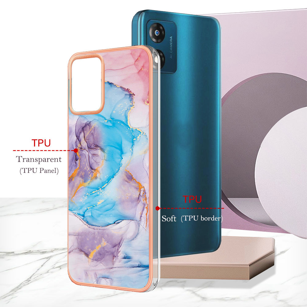 YB IMD Series-1 for Motorola Moto E13 4G Electroplating Phone Case Marble Floral Pattern TPU IMD Cover