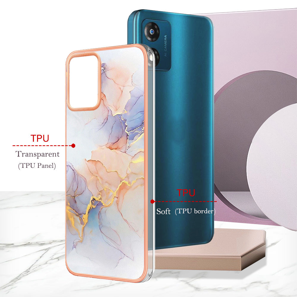 YB IMD Series-1 for Motorola Moto E13 4G Electroplating Phone Case Marble Floral Pattern TPU IMD Cover