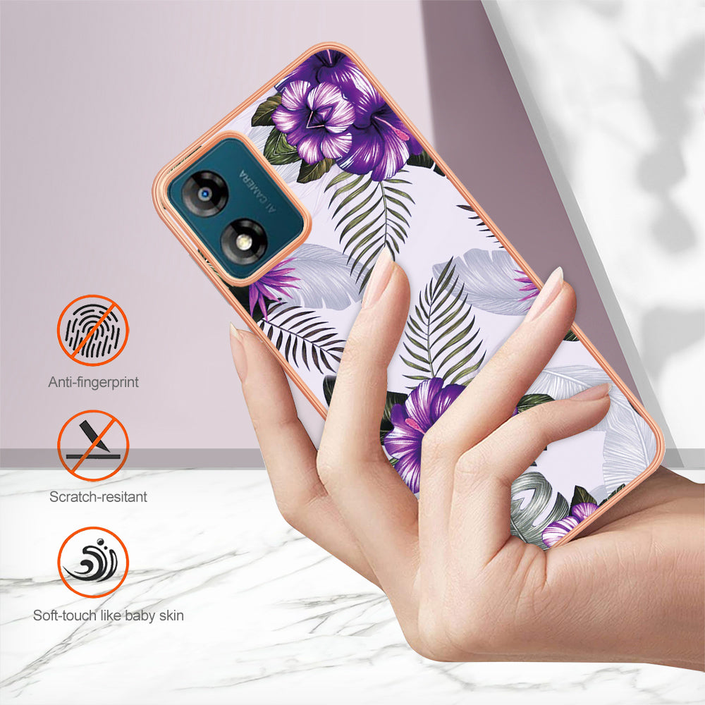 YB IMD Series-1 for Motorola Moto E13 4G Electroplating Phone Case Marble Floral Pattern TPU IMD Cover