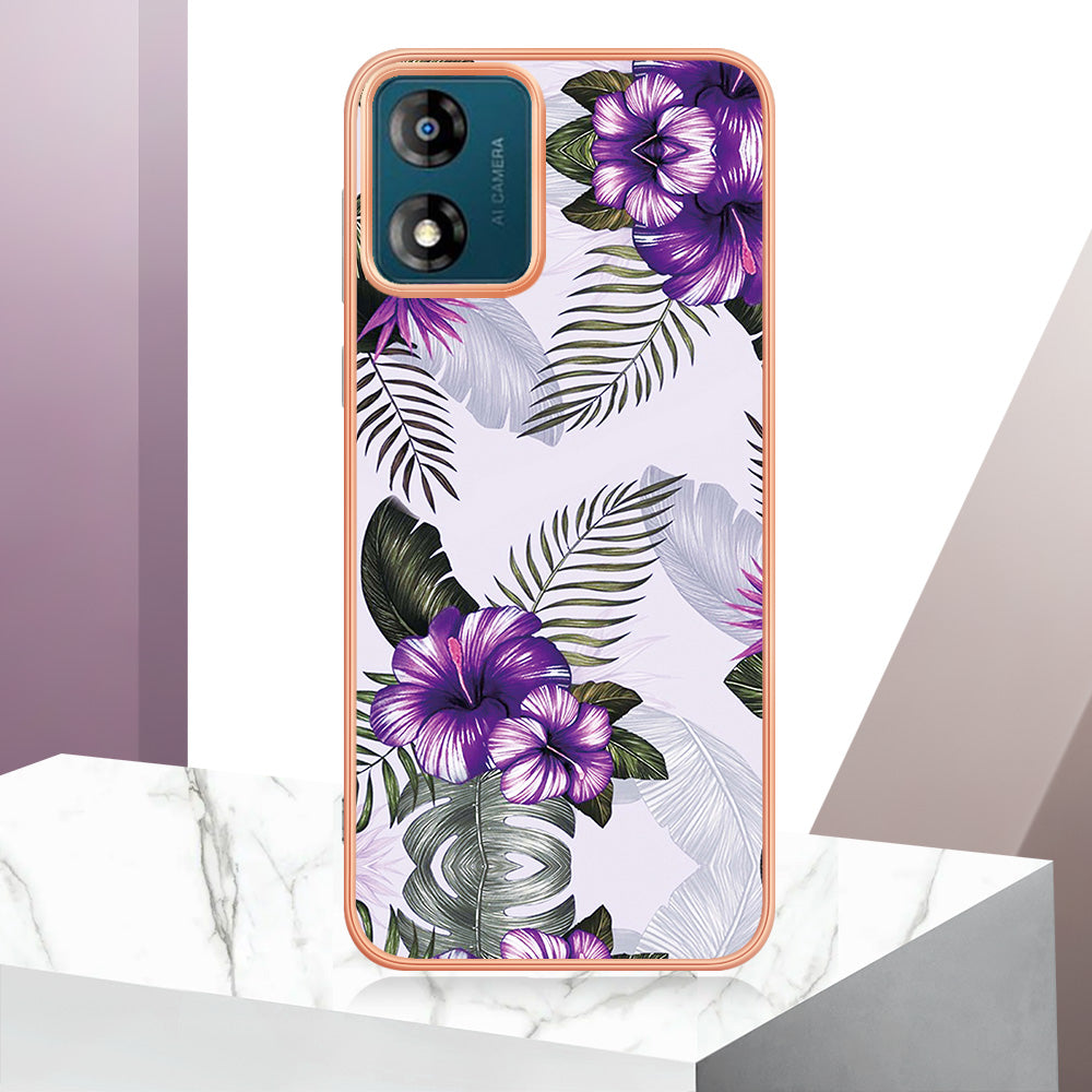 YB IMD Series-1 for Motorola Moto E13 4G Electroplating Phone Case Marble Floral Pattern TPU IMD Cover