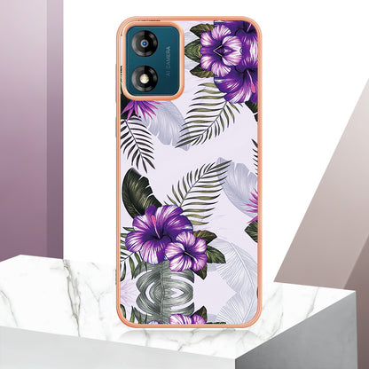YB IMD Series-1 for Motorola Moto E13 4G Electroplating Phone Case Marble Floral Pattern TPU IMD Cover