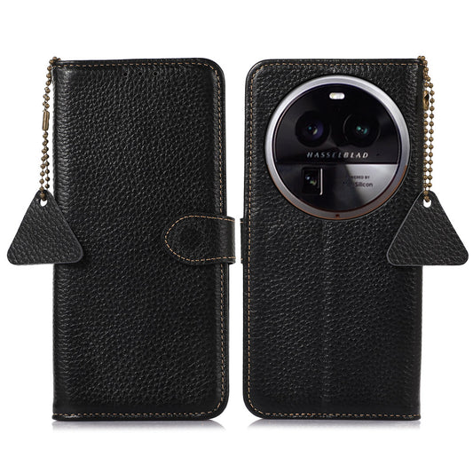 Litchi Texture Cover for Oppo Find X6 , RFID Blocking Phone Wallet Case Genuine Cow Leather Stand Shell