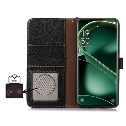 Litchi Texture Cover for Oppo Find X6 , RFID Blocking Phone Wallet Case Genuine Cow Leather Stand Shell