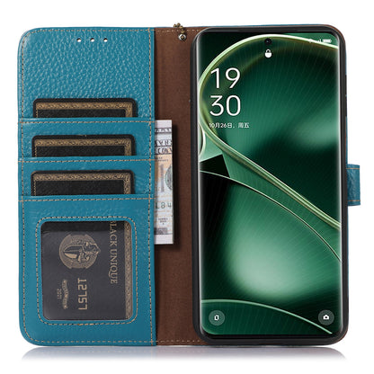 Litchi Texture Cover for Oppo Find X6 , RFID Blocking Phone Wallet Case Genuine Cow Leather Stand Shell