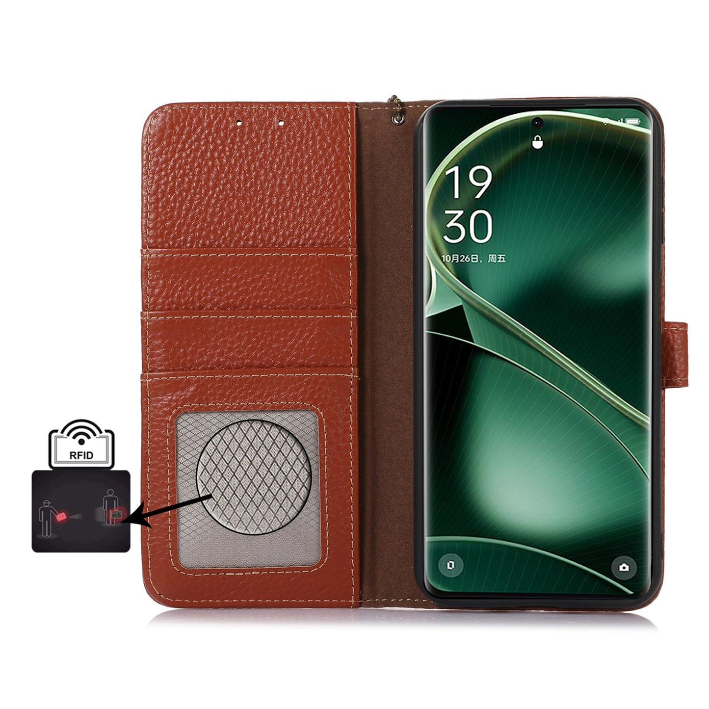 Litchi Texture Cover for Oppo Find X6 , RFID Blocking Phone Wallet Case Genuine Cow Leather Stand Shell