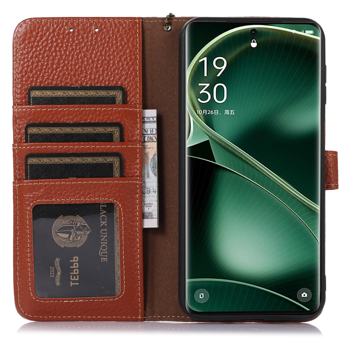 Litchi Texture Cover for Oppo Find X6 , RFID Blocking Phone Wallet Case Genuine Cow Leather Stand Shell