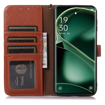 Litchi Texture Cover for Oppo Find X6 , RFID Blocking Phone Wallet Case Genuine Cow Leather Stand Shell