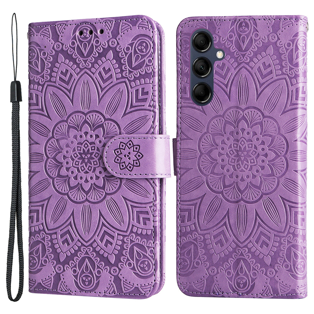 For Samsung Galaxy M14 5G Sunflower Imprinted Phone Wallet Case PU Leather Stand Cover with Strap