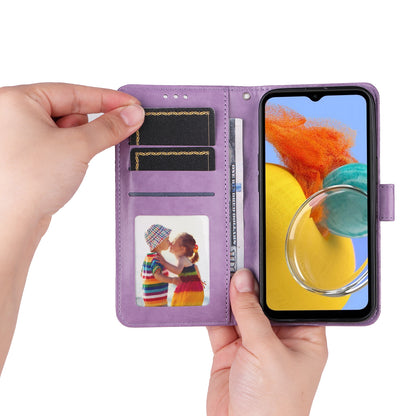 For Samsung Galaxy M14 5G Sunflower Imprinted Phone Wallet Case PU Leather Stand Cover with Strap