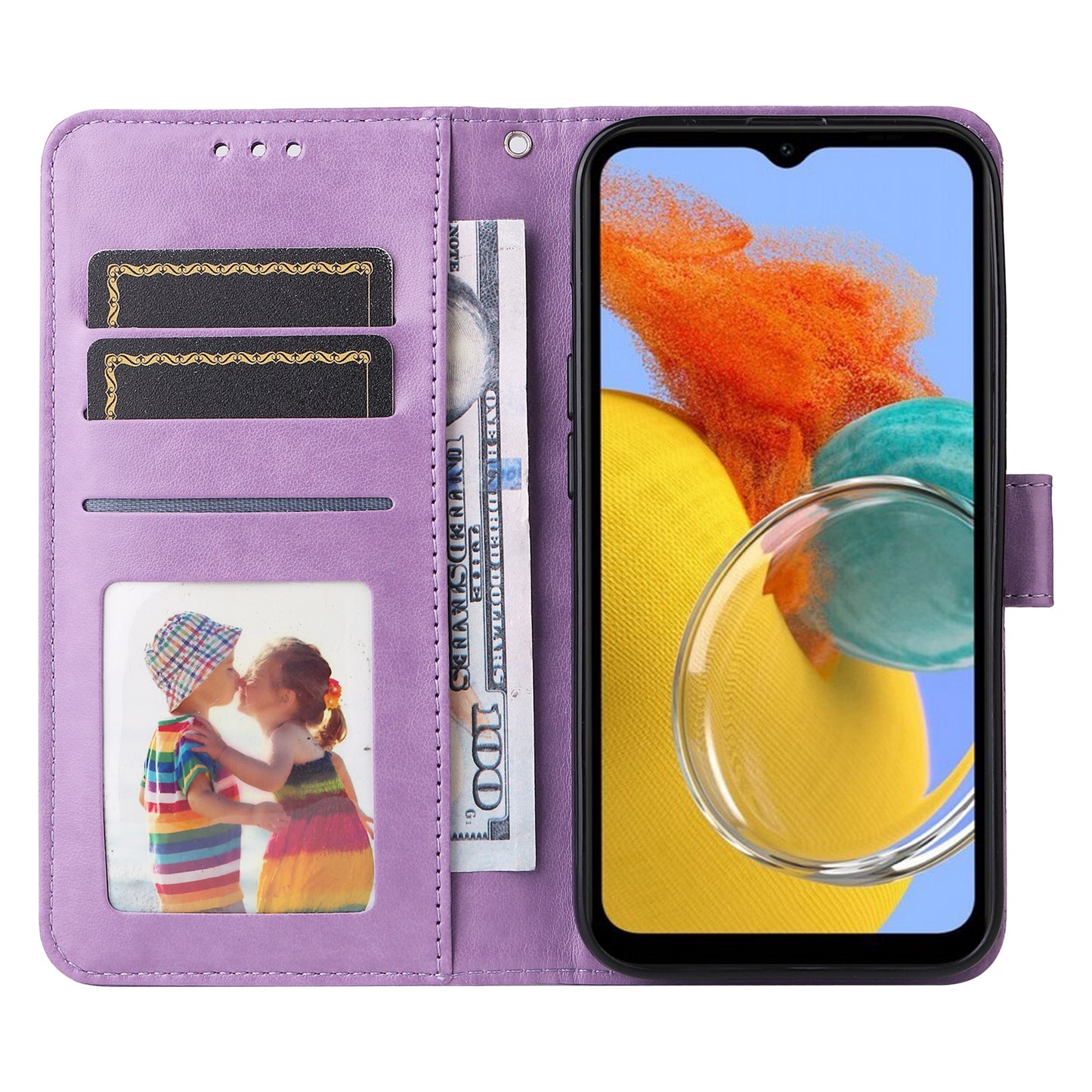 For Samsung Galaxy M14 5G Sunflower Imprinted Phone Wallet Case PU Leather Stand Cover with Strap