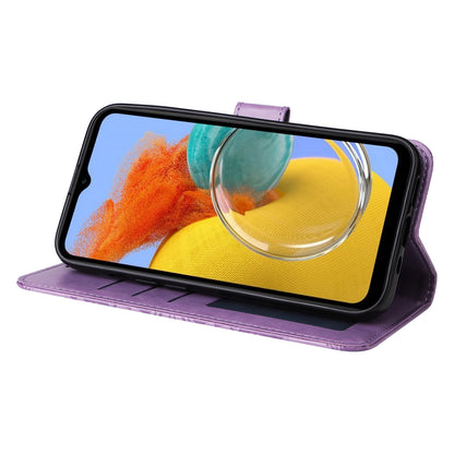 For Samsung Galaxy M14 5G Sunflower Imprinted Phone Wallet Case PU Leather Stand Cover with Strap