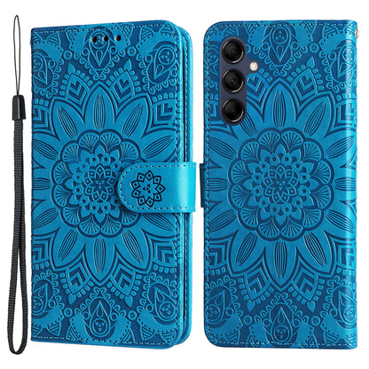 For Samsung Galaxy M14 5G Sunflower Imprinted Phone Wallet Case PU Leather Stand Cover with Strap