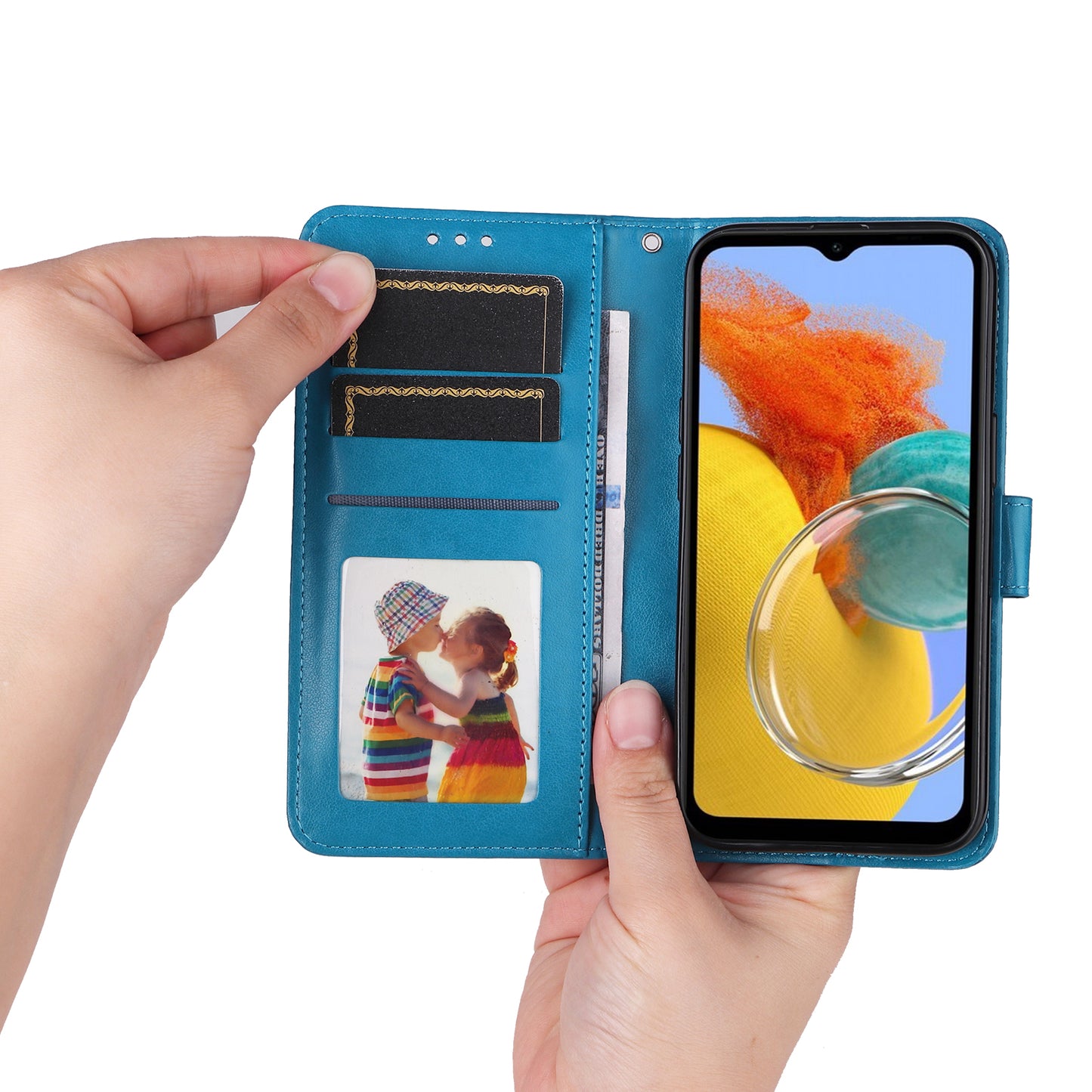 For Samsung Galaxy M14 5G Sunflower Imprinted Phone Wallet Case PU Leather Stand Cover with Strap