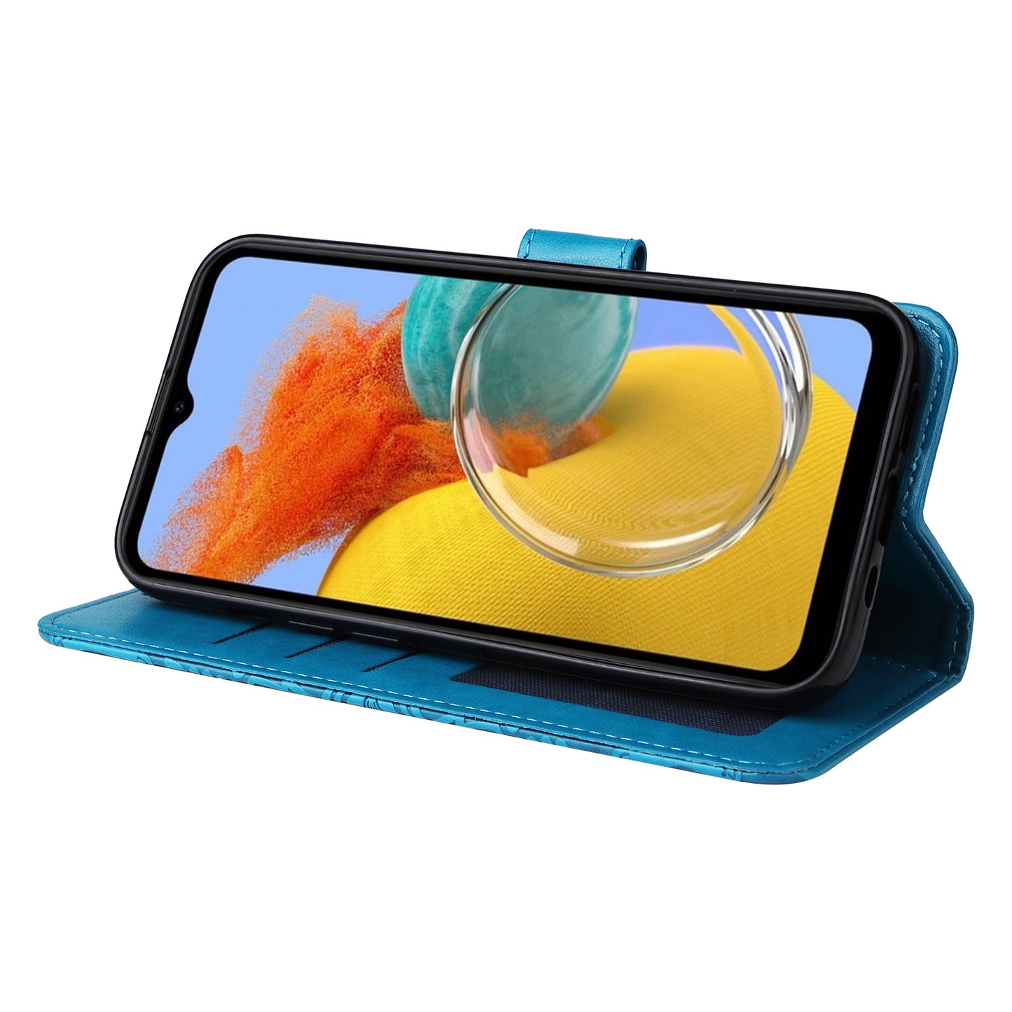 For Samsung Galaxy M14 5G Sunflower Imprinted Phone Wallet Case PU Leather Stand Cover with Strap