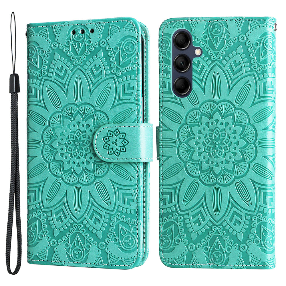 For Samsung Galaxy M14 5G Sunflower Imprinted Phone Wallet Case PU Leather Stand Cover with Strap