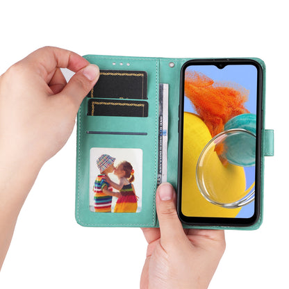 For Samsung Galaxy M14 5G Sunflower Imprinted Phone Wallet Case PU Leather Stand Cover with Strap