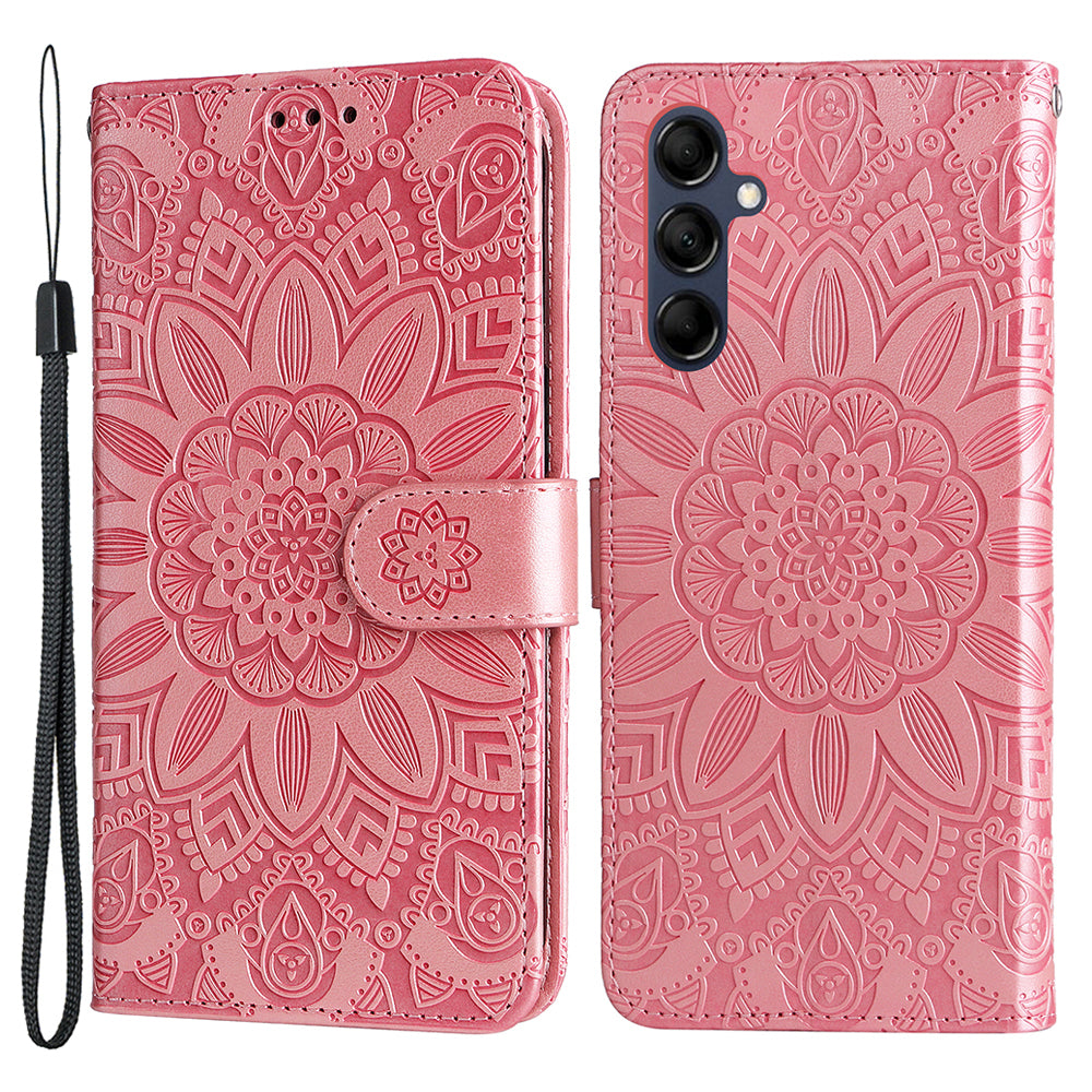 For Samsung Galaxy M14 5G Sunflower Imprinted Phone Wallet Case PU Leather Stand Cover with Strap