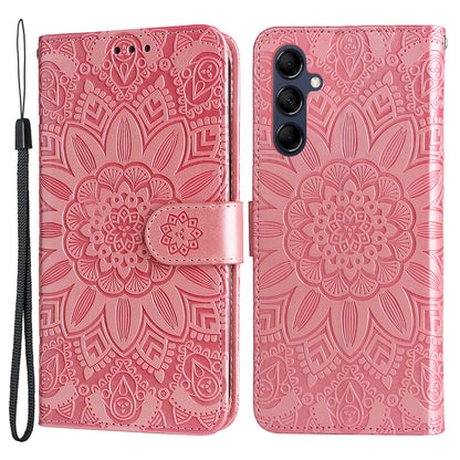 For Samsung Galaxy M14 5G Sunflower Imprinted Phone Wallet Case PU Leather Stand Cover with Strap