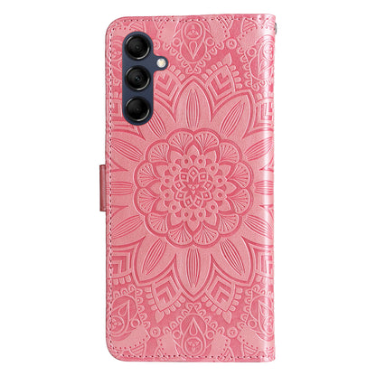 For Samsung Galaxy M14 5G Sunflower Imprinted Phone Wallet Case PU Leather Stand Cover with Strap