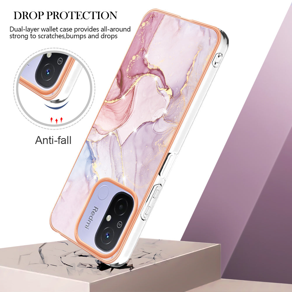 YB IMD Series-2 IMD TPU Case for Xiaomi Redmi 11A 4G / 12C 4G Electroplating Anti-scratch Marble Pattern Cover