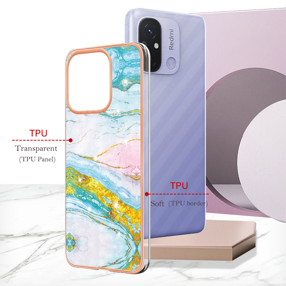 YB IMD Series-2 IMD TPU Case for Xiaomi Redmi 11A 4G / 12C 4G Electroplating Anti-scratch Marble Pattern Cover