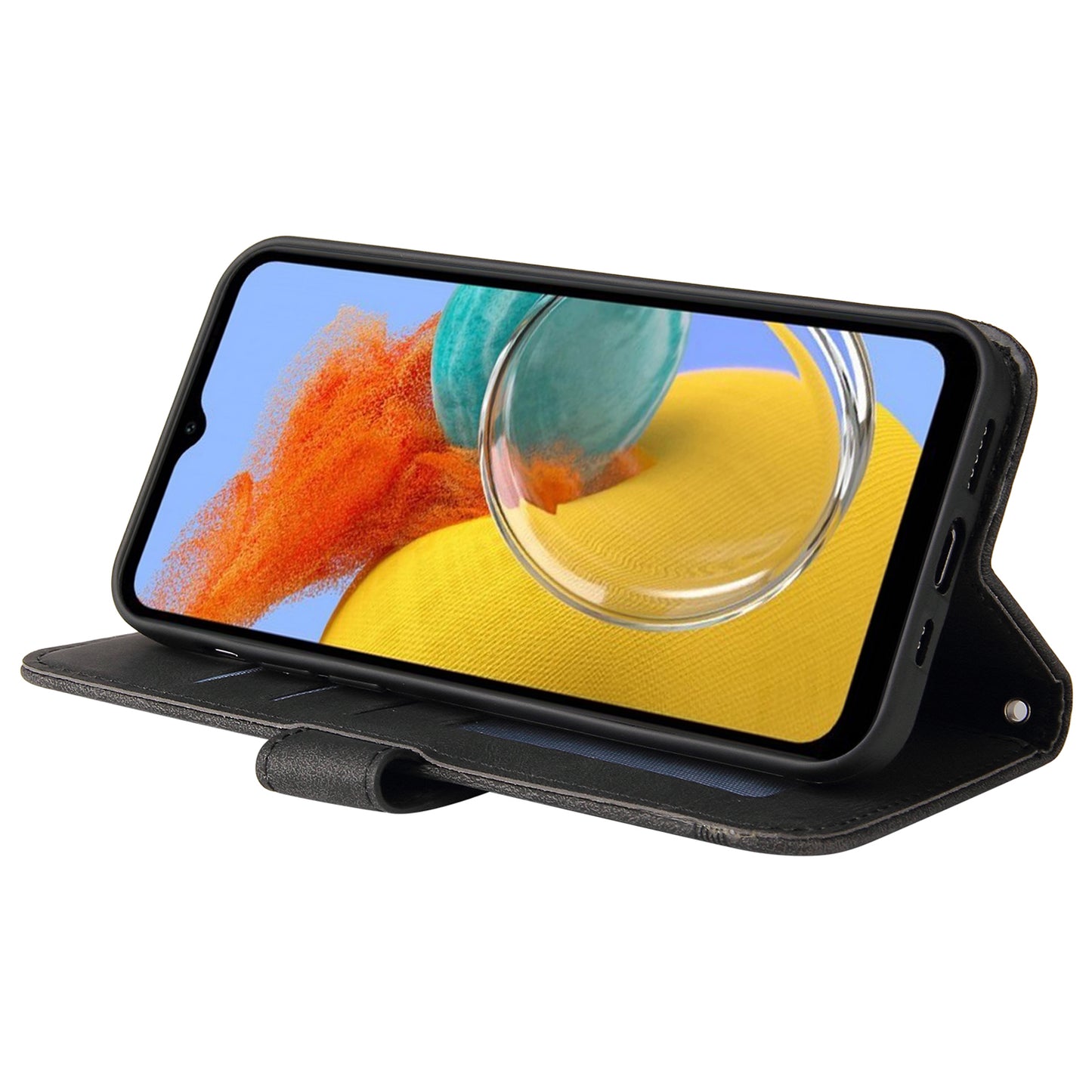 PU Leather Case for Samsung Galaxy M14 5G Skin-touch Imprinted Lines Wallet Stand Phone Cover