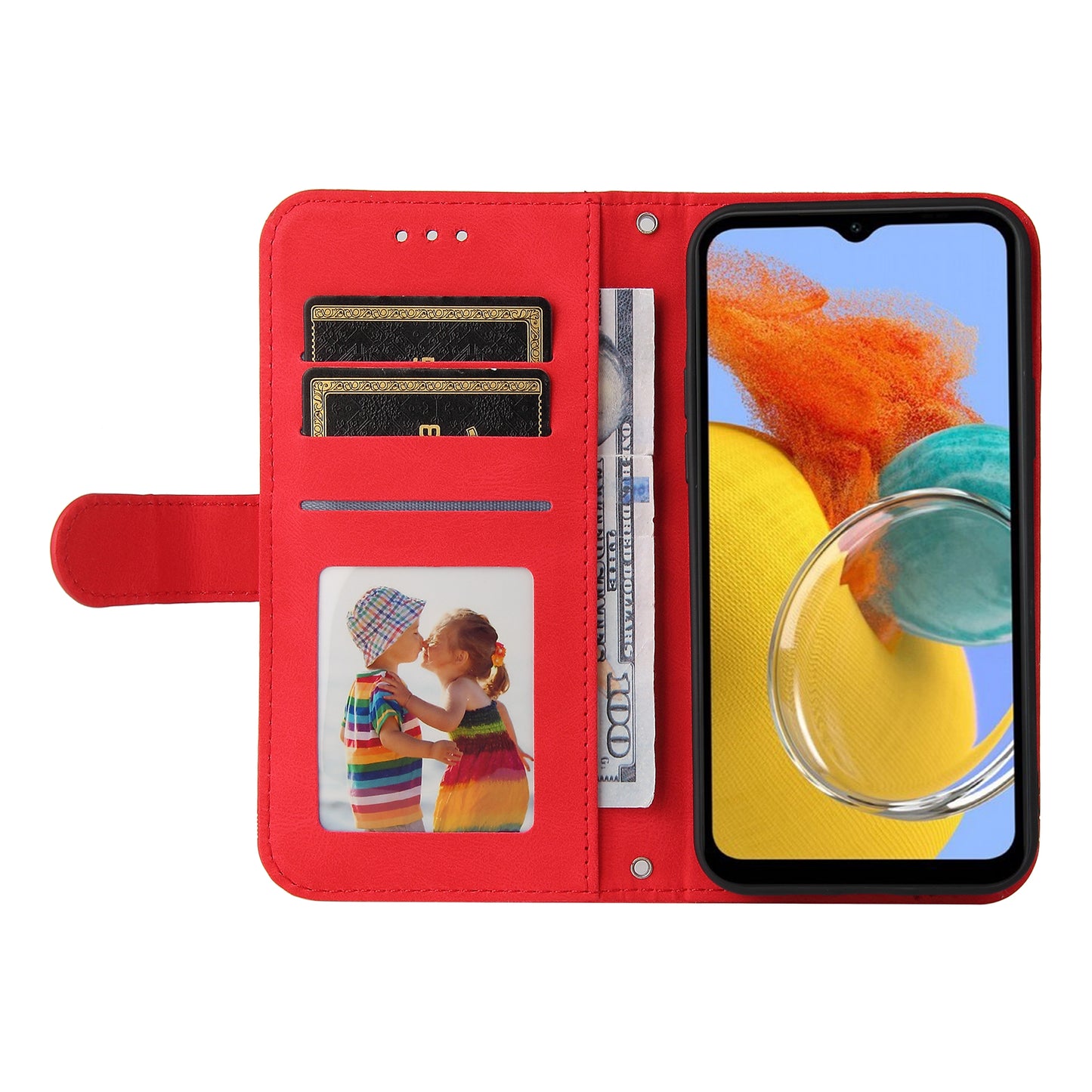 PU Leather Case for Samsung Galaxy M14 5G Skin-touch Imprinted Lines Wallet Stand Phone Cover