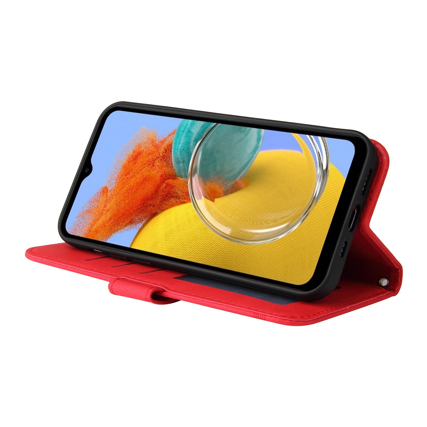 PU Leather Case for Samsung Galaxy M14 5G Skin-touch Imprinted Lines Wallet Stand Phone Cover