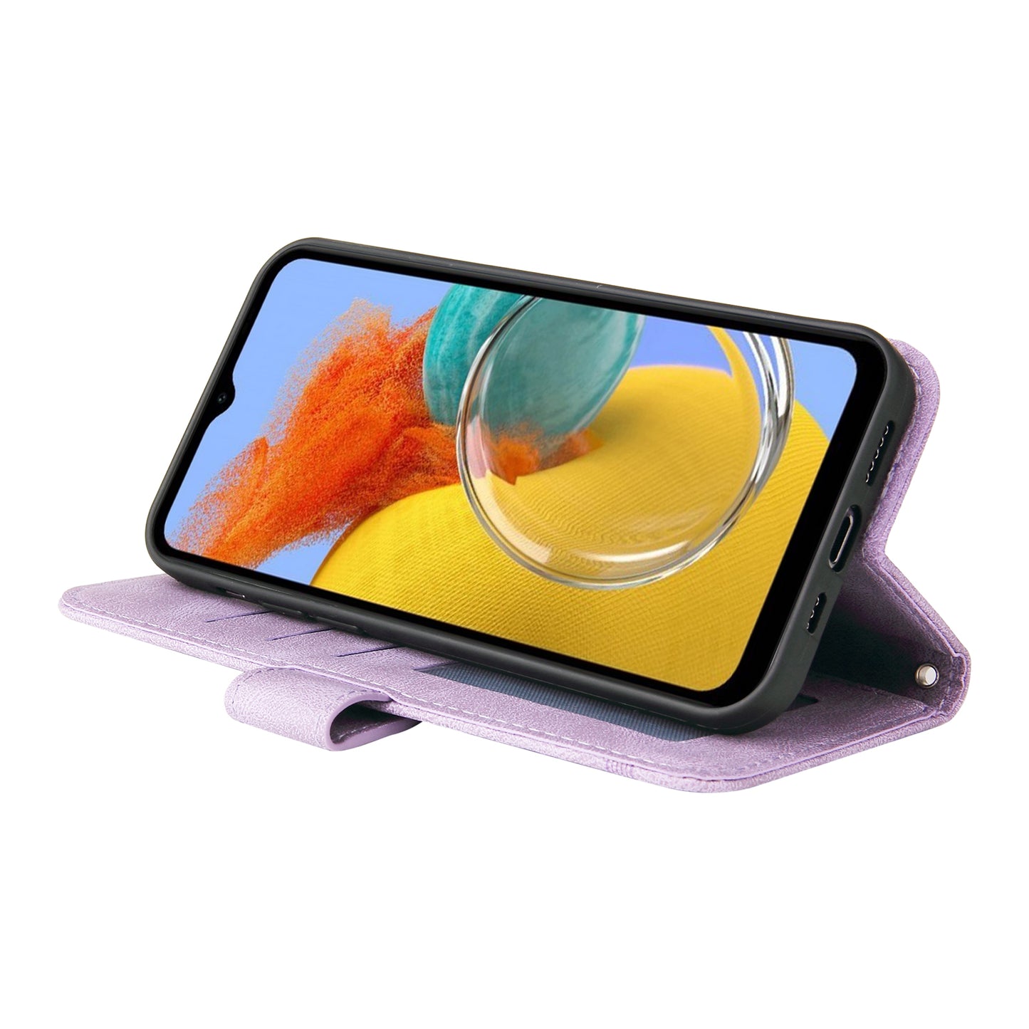 PU Leather Case for Samsung Galaxy M14 5G Skin-touch Imprinted Lines Wallet Stand Phone Cover