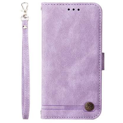 PU Leather Case for Samsung Galaxy M14 5G Skin-touch Imprinted Lines Wallet Stand Phone Cover
