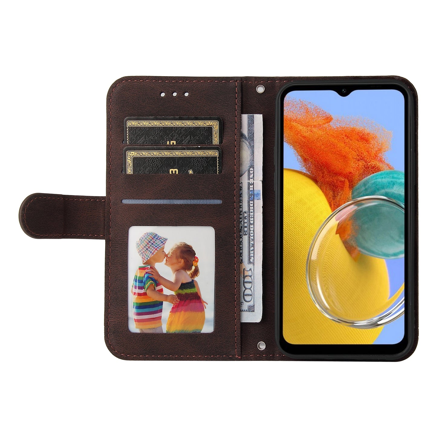 PU Leather Case for Samsung Galaxy M14 5G Skin-touch Imprinted Lines Wallet Stand Phone Cover