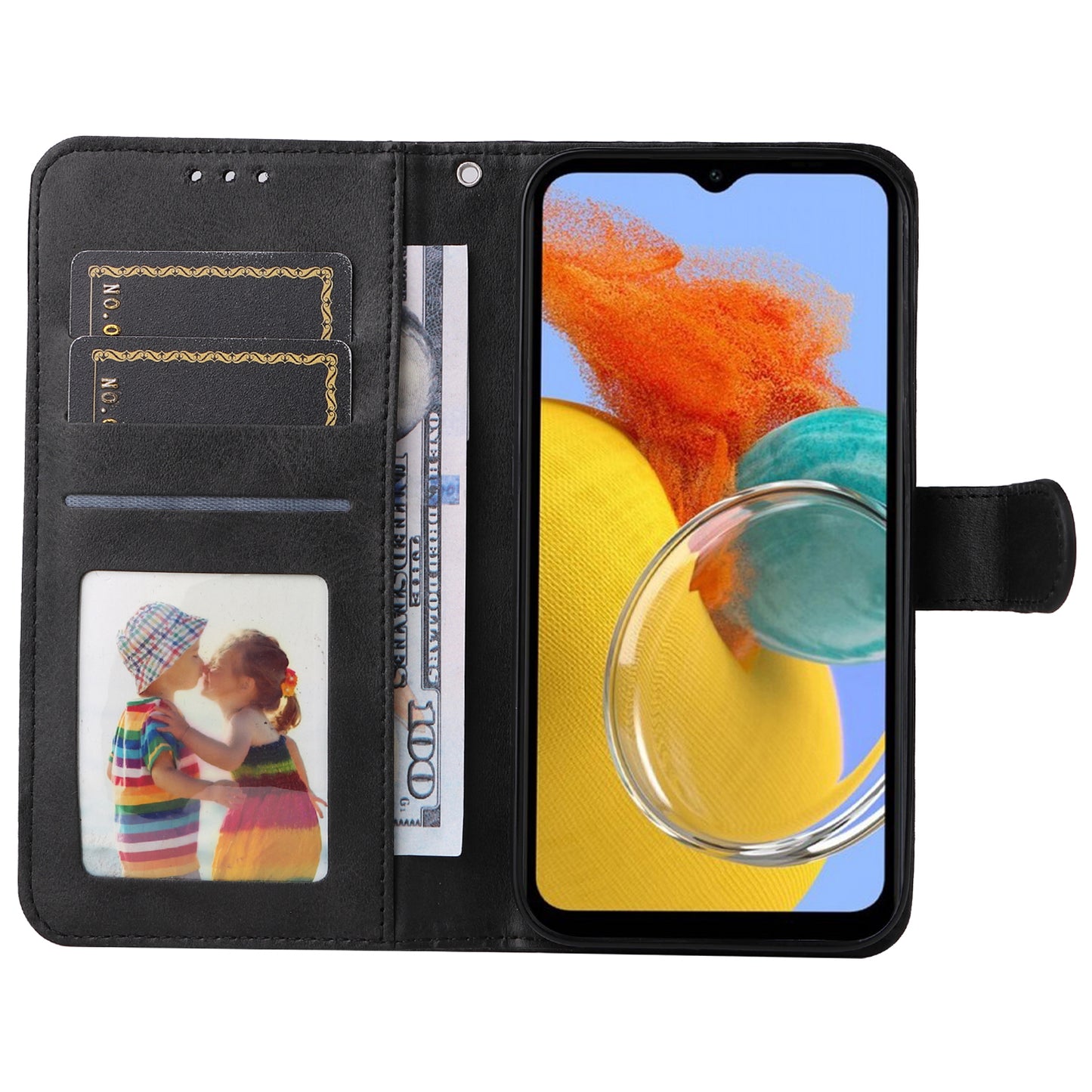 For Samsung Galaxy M14 5G Anti-Dust Phone Shell Calf Texture Stand Phone Case Leather Phone Cover with Strap