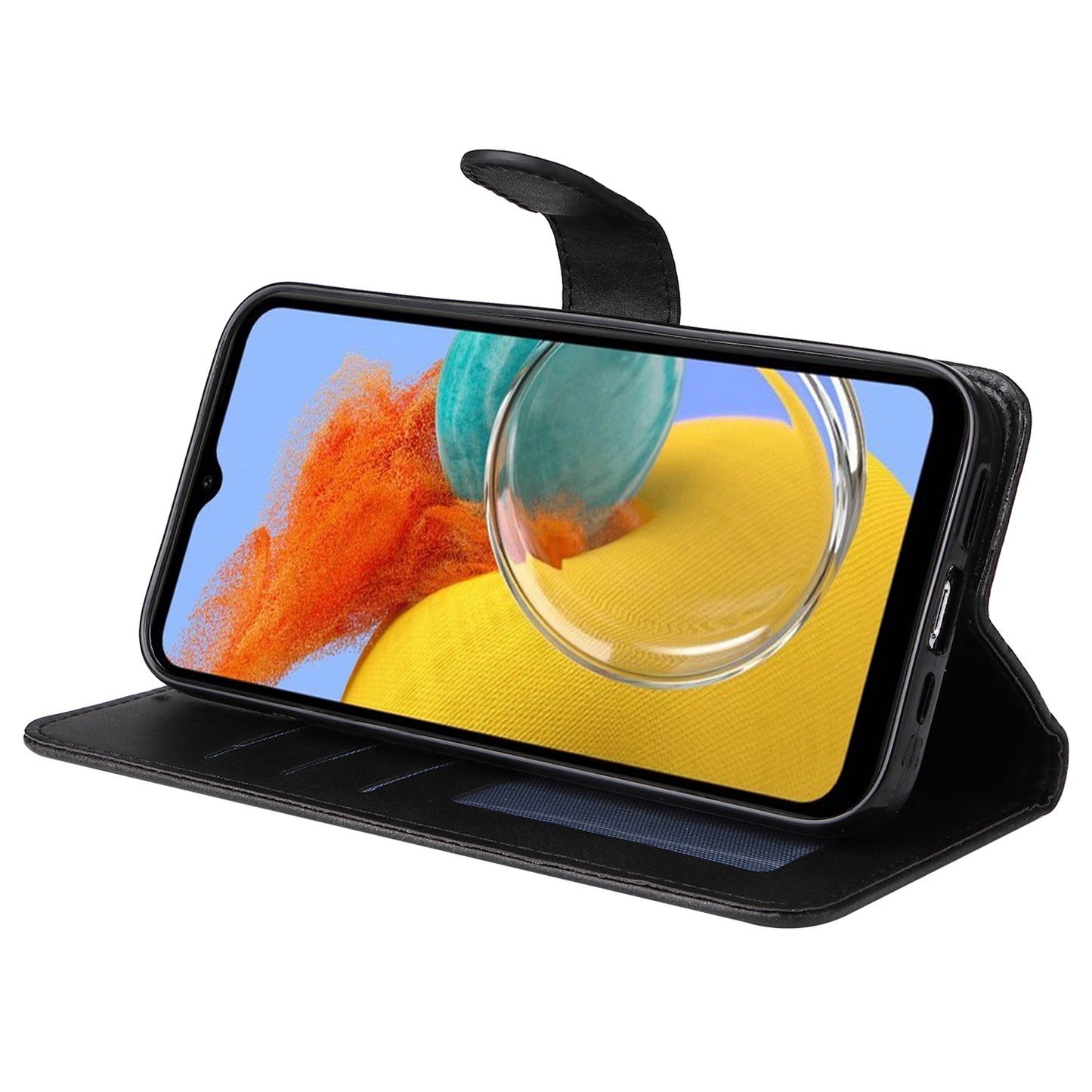 For Samsung Galaxy M14 5G Anti-Dust Phone Shell Calf Texture Stand Phone Case Leather Phone Cover with Strap