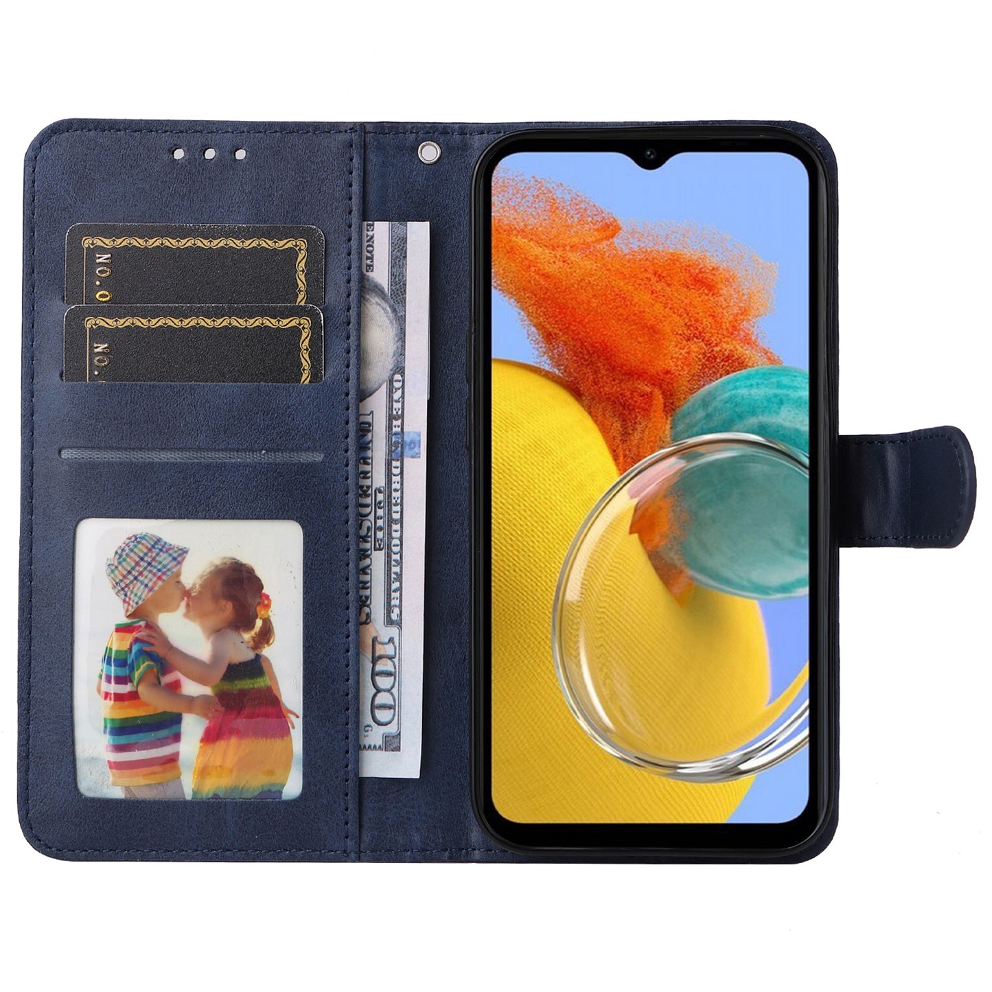 For Samsung Galaxy M14 5G Anti-Dust Phone Shell Calf Texture Stand Phone Case Leather Phone Cover with Strap