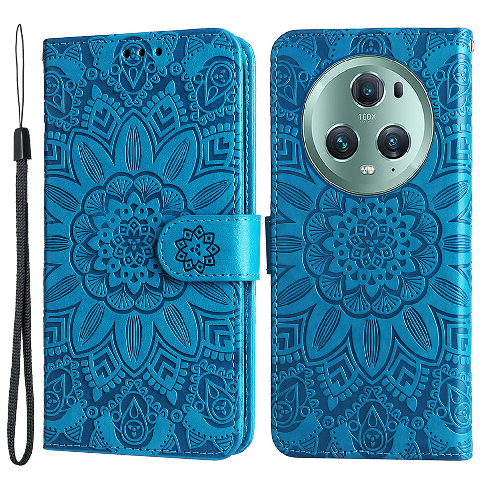 PU Leather Stand Cover for Honor Magic5 Pro Sunflower Imprinted Phone Wallet Case with Strap