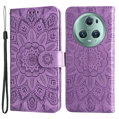 PU Leather Stand Cover for Honor Magic5 Pro Sunflower Imprinted Phone Wallet Case with Strap