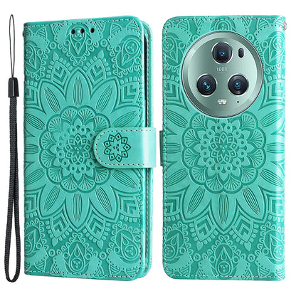 PU Leather Stand Cover for Honor Magic5 Pro Sunflower Imprinted Phone Wallet Case with Strap