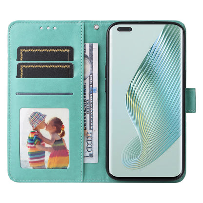 PU Leather Stand Cover for Honor Magic5 Pro Sunflower Imprinted Phone Wallet Case with Strap