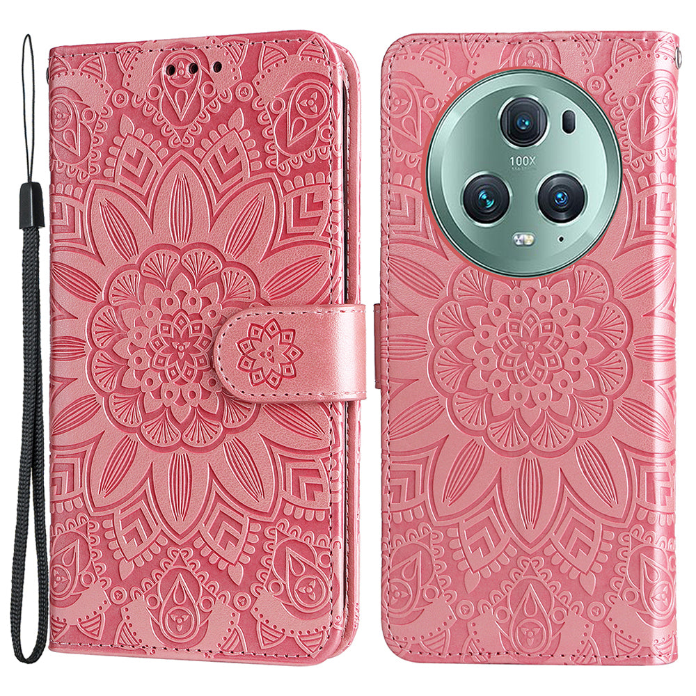 PU Leather Stand Cover for Honor Magic5 Pro Sunflower Imprinted Phone Wallet Case with Strap