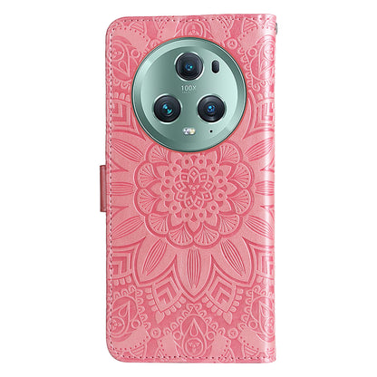 PU Leather Stand Cover for Honor Magic5 Pro Sunflower Imprinted Phone Wallet Case with Strap