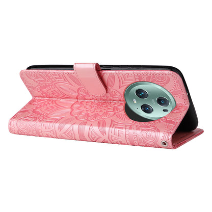 PU Leather Stand Cover for Honor Magic5 Pro Sunflower Imprinted Phone Wallet Case with Strap