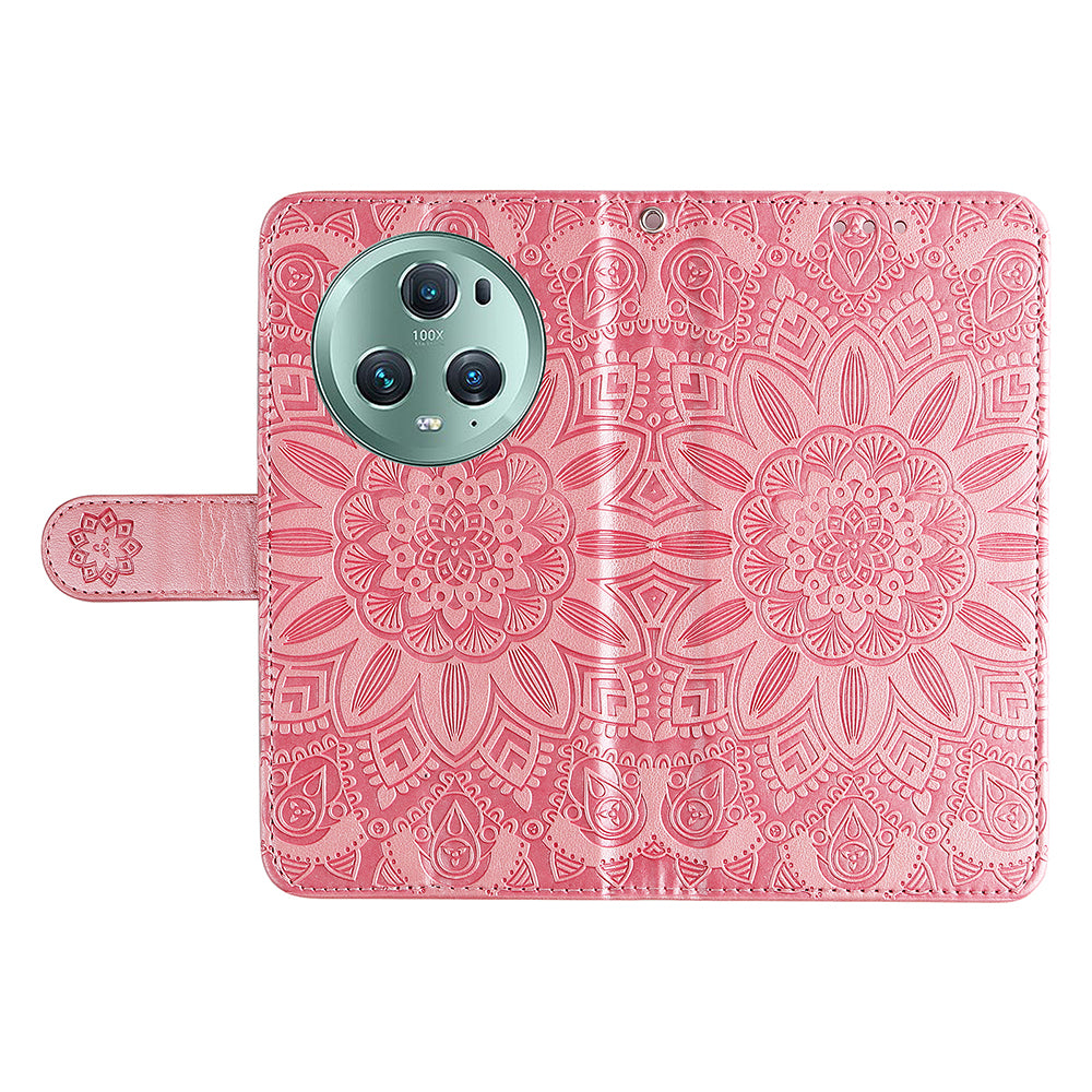 PU Leather Stand Cover for Honor Magic5 Pro Sunflower Imprinted Phone Wallet Case with Strap