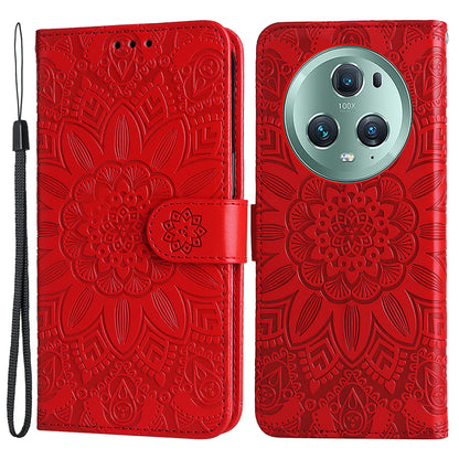 PU Leather Stand Cover for Honor Magic5 Pro Sunflower Imprinted Phone Wallet Case with Strap