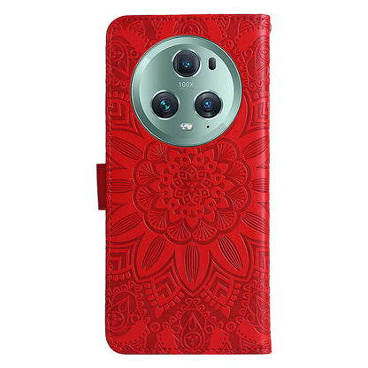 PU Leather Stand Cover for Honor Magic5 Pro Sunflower Imprinted Phone Wallet Case with Strap